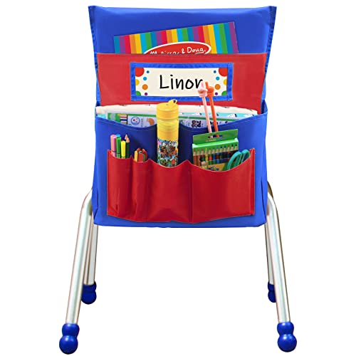AUVCAS Chair Back Pocket School Seat Chair Storage Pocket Organizer with Label Slot Multiple Pockets for School Home Classroom Preschool Daycare (Red+Blue)
