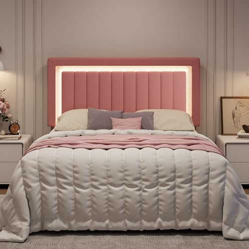 SHA CERLIN Full Size Velvet Bed Frame with LED Light Adjustable Vertical Channel Tufted Headboard Strong Wooden Slats Support Noise-Free No Box Spring Needed Pink
