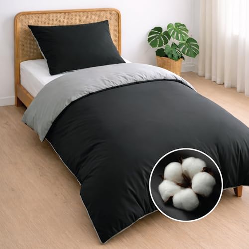 Dreamzie Funda nordica Cama 90/105 Algodon - Funda edredon 140x200 con Cierre + 1 Funda Almohada 65x65 - Juego de Cama Liso y Reversible - Gris Oscuro