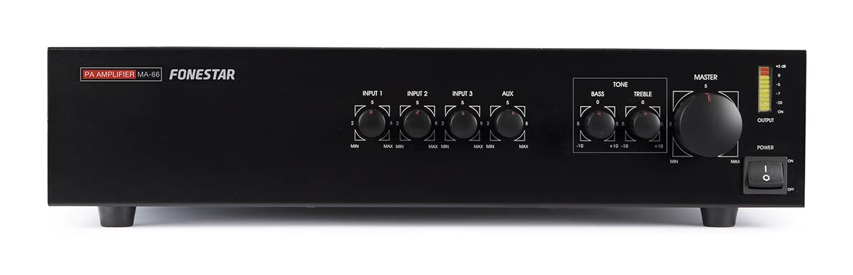 Rear panel of the FONESTAR MA-66 Monozone Public Address Amplifier showing all connections and controls.