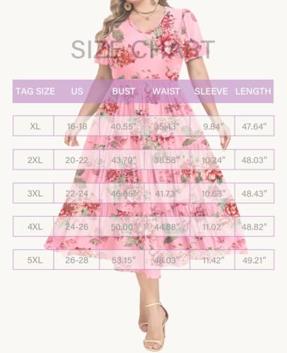 Image of Women's Plus Size Summer Dresses Floral Casual Tiered Midi Dresses V-Neck Short Sleeve Long Maxi Dress with Pockets