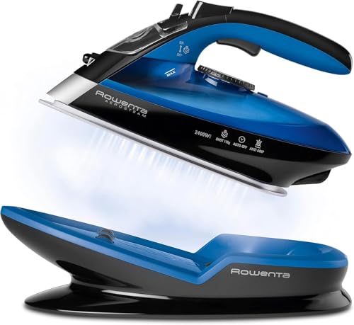 Rowenta Freemove, Plancha sin cable con golpe de vapor 115 g/min, 250 ml, suela Microsteam 400 láser, autoapagado y antical, todo tipo de tejidos, Azul/Negro, DE5010