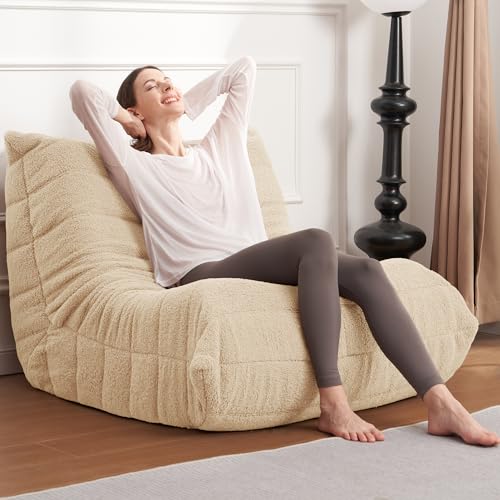 Image of Bean Bag Chair Big Sofa Beanbag Chair for Adults Fireside Chair Bean Bag Lounger with Memory Foam Filled for Home,Apartment or Gaming Venue(Khaki Teddy)