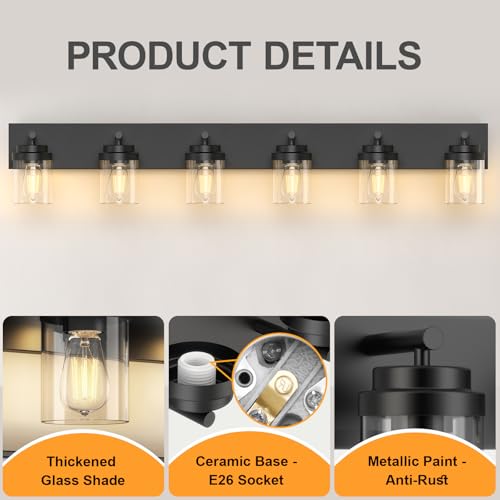 Image of IZORRO Bathroom Vanity Light Fixture, 6-Light 46 Inch Matte Black Bathroom Light Fixtures Over Mirror, with Clear Glass Shade, Modern Farmhouse Vanity Lights, Rustic Restroom Lighting Fixtures