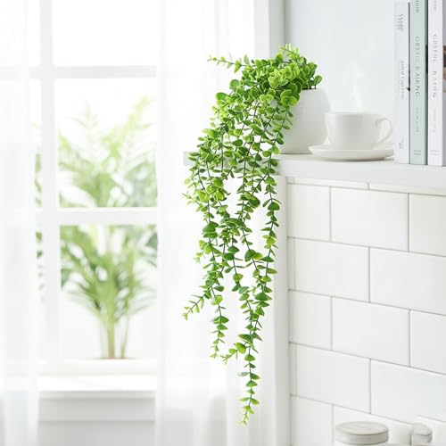 Image of CURATED CART Artificial Hanging Eucalyptus Vine - Pack of 1 with 5 Lush Green Stems, 74cm Long Faux Eucalyptus Garland for Indoor & Outdoor Home, Office, Wall & Shelf Decor - LightGreen