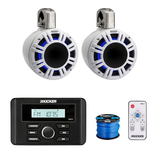 Kicker 46KMC3 Marine Gauge Style USB Bluetooth AM/FM Stereo Square Media Center Receiver, 2X 8 500 Watt Peak Multicolor LED Horn-Loaded (HLCD) Tower Speakers (White) with LED Remote, 50 Feet Wire