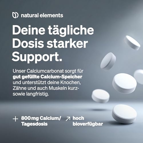 natural elements Calcium Tabletten – 800 mg Kalzium aus Calciumcarbonat pro Tagesdosis – 180 Tabletten für 3 Monate – vegan, hochdosiert, ohne unerwünschte Zusätze – laborgeprüfte Qualität