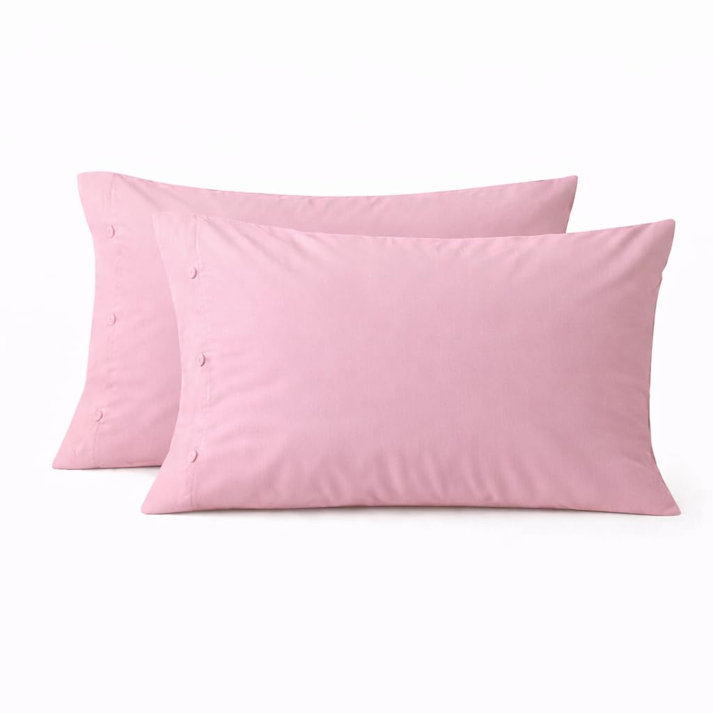 Set 2 Pezzi Federe Cuscino 52x82 cm con Bottoni in Cotone 100% Lavabile Rosa Confetto