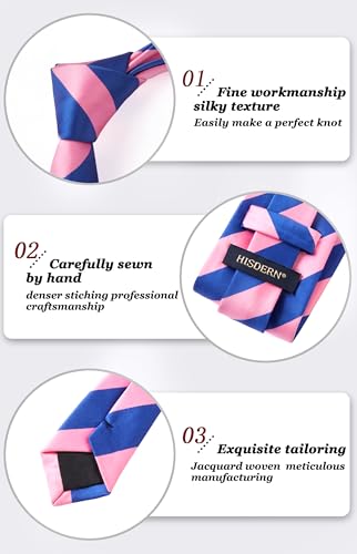 HISDERN Ties for Men Pink Stripe Tie and Pocket Square Set Business Blue Striped Silk Necktie Handkerchief Formal Wedding Neckties Classic 3.4'' - Thumbnail 4