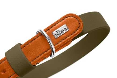 HUNTER Hundehalsband WOLMAR aus BioThane® und Leder, robust, wasserabweisend, pflegeleicht, Kontrastnaht, Made in Germany, Farbe: Khaki/orange, Größe: 55