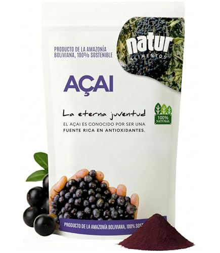 Natur Acai en Polvo Liofilizado de 500g Superalimento Rico en Antioxidantes Vitaminas y Minerales Bayas Berry Powder Apto para Veganos Refuerza tus Defensas Aporta Dosis de Energía