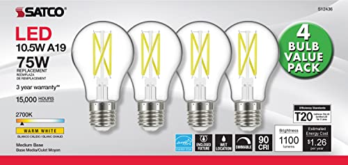 Image of Satco S12436 A19 LED 4-Bulb Value Pack, 75W Replacement, 2700K, Clear, Pack of 4