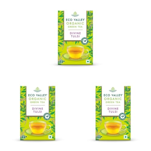 Image of Eco Valley Organic Green Tea - Divine Tulsi - 25 or 30 Tea Bags | Certified Organic | Grown In Nilgiris | Zero Calories | Rich In Antioxidants, 50 grams, Pack of 3