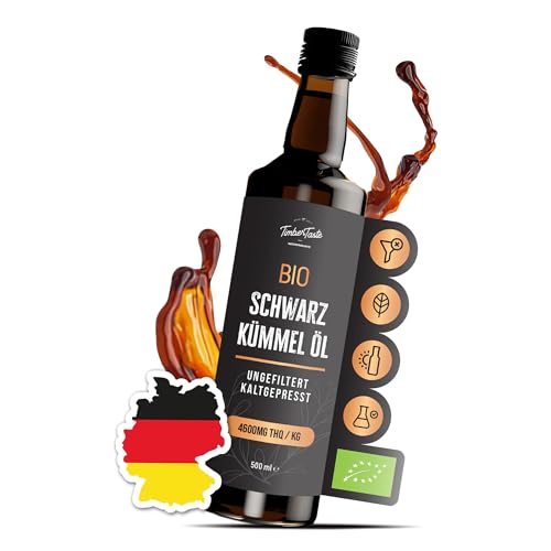 Schwarzkümmelöl Bio kaltgepresst ungefiltert 500ml Kümmelöl – Ägyptisches Black Seed Oil mit hohem Thymochinongehalt (4600 mg/1000 ml), keto & vegan aus deutscher Ölmanufaktur