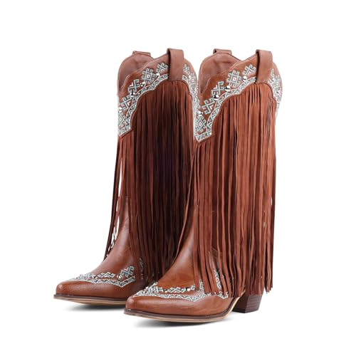 LingxiaUne Women's Fringe Western Cowboy Boots - Intricate Green Pattern Embellished Mid - Calf Boots
