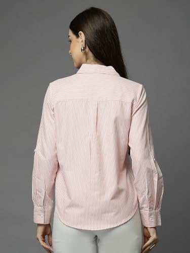 Image of Style Quotient Women Gray and White Cotton Stripe Smart Casual Shirt