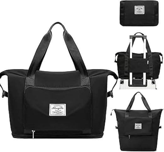 Womens Nylon Foldable Duffle Bag | Lightweight and Waterproof | Expandable & Multipurpose Large Capacity Weekender Overnight Luggage Carry Bag for Women Travel (Black)-picture-32