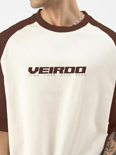Image of Veirdo 100% Pure Cotton Oversized Loose Baggy Fit Drop Shoulder Round Neck Cool Front Chest Typographic Logo Printed Raglan Sleeve T-Shirt for Men (Colors: White, Black, Swanwhite, Beige & Grey)