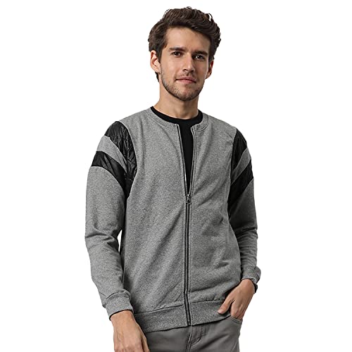 Image of Campus Sutra Men's Light Grey Solid Vegan Leather Regular Fit Cotton Jacket For Winter Wear | Round Neck Collar | Full Sleeve | Zipper | Casual Jacket For Man | Western Stylish Jacket For Men