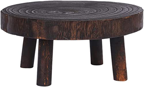Tabouret bas rond en bois marron et repose-pieds stable - 5