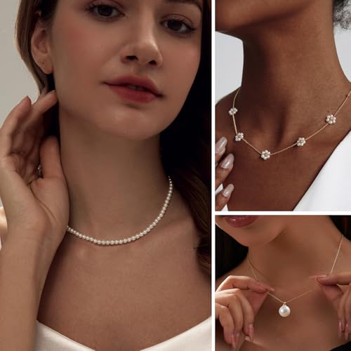 Pearl Necklaces for Women 14K Gold Plated Dainty Layered Single Pearl Necklace Simple Daisy Pearls Choker Cute Gold Necklace Stack Jewelry Sets for Women Trendy Gifts3