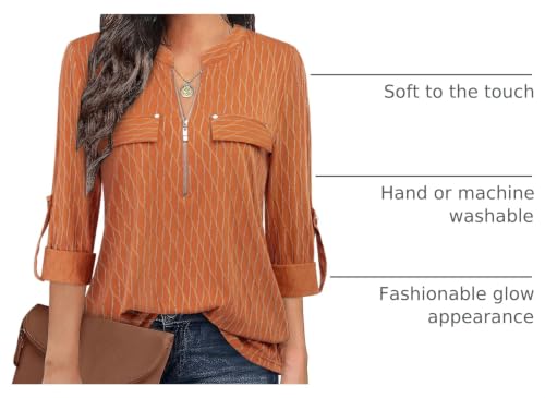 Image of Bulotus Womens 3 /4 Sleeve Tops Plus Size V Neck Zipper Business Casual Blouses for Office & Going Out Soft Knit Tunics, M-3XL