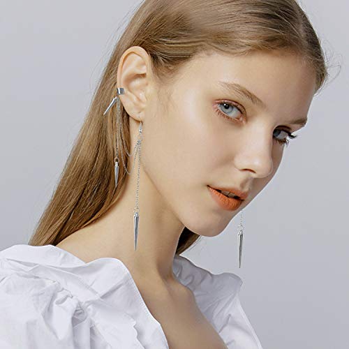 Damleng Lightweight Unique Black Punk Long Tassel Chain Ear Cuff Earrings 316L Stainless Steel Vintage Barrel Nails Crawler Climer Dangle Drop Earrings For Men Women Unisex (Silver) #TOP3