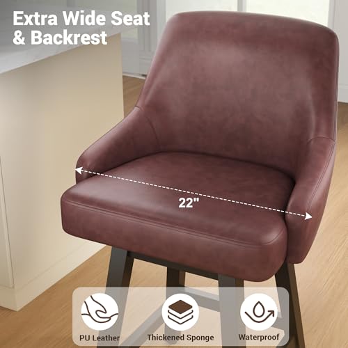 Image of YaFiti Swivel Counter Height Bar Stools Set of 3, 24 inch Modern Faux Leather Barstool with Back, Widen Upholstered Seat, Hardened Wood Legs for Kitchen Counter, Island, Dining Room, Brown