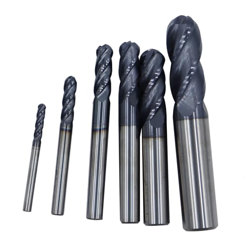 Image of 6Pcs1 /8in,3 /16in,1 /4in, 5 /16in,3 /8in,1 /2in Solid Carbide Ball Nose End Mills Set,4 Flute,30 Degree Helix,AlTiN Coated CNC Router Bit for Medium Hardness Steel, Brass, Iron