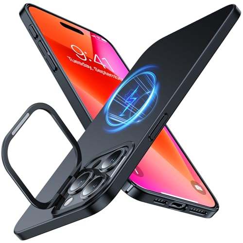 TORRAS Magnetic Slim Fit for iPhone 15 Pro Case with Stand, Compatible with MagSafe, Built-in Stash Stand, Ultra Thin 15 Pro Case, Lightweight Anti-Scratch Matte Hard Phone Case 6.1 inch, Black