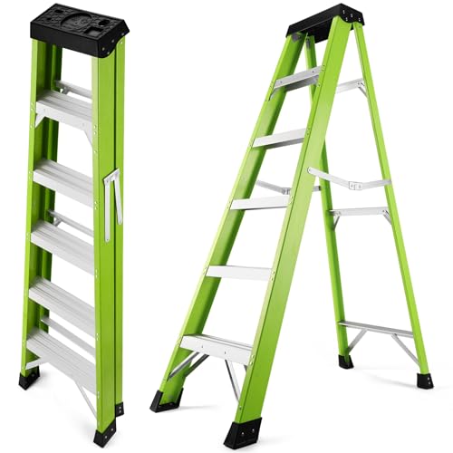 Ladder 7-Foot Fiberglass Step Ladder 500 lb Capacity Type IA Heavy Duty Folding Platform Ladder for Home Work and Industrial Use (Green)