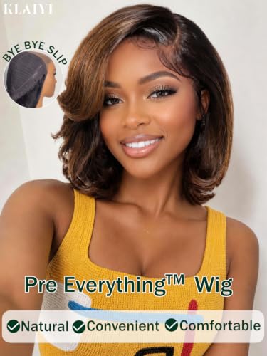 Image of KLAIYI Bye Bye Slip Ombre Brown Layered Bob Straight Wig Human Hair Glueless Side Part Pre Cut 7x5 Lace Front Pre Plucked Bleached Knots Drawstring 30S Ready to Wear and Go Wig with Dark Roots 10Inch