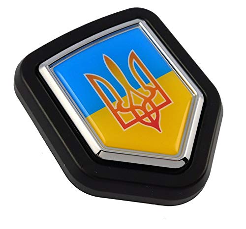 Image of Ukraine Flag with Trident Car Truck Black Shield Grill Badge Chrome Emblem 2.6 inch x 3.1 inch