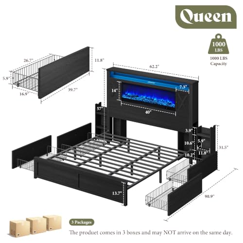 Image of AMERLIFE Queen Fireplace Bed Frame with Storage & Headboard, Black