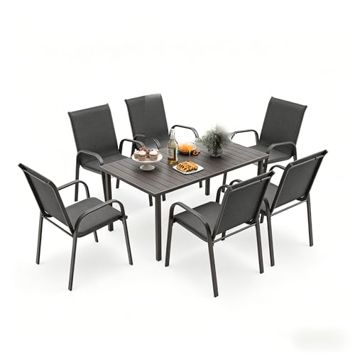 HAPPATIO Outdoor Patio Dining Set, Textilene Dining Chairs and Dining Table with Umbrella Hole, Stackable Textilene Chairs for Garden, Patio and Poolside Backyard,Dark Grey