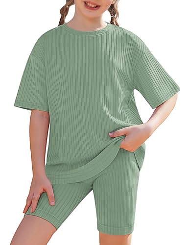 Arshiner Girls Summer Outfits Clothes for Kids 2 Piece Set Ribbed Knit Loose Shirts and Biker Shorts Sets Green 11-12 Years