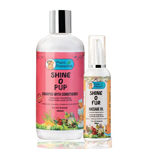 PAPA PAWSOME Shine O’ Pup Tear-Free Dog Shampoo with Conditioner + Rub Your Pup Massage Oil Combo Pack for Healthy Pet Care – 100 Ml Each