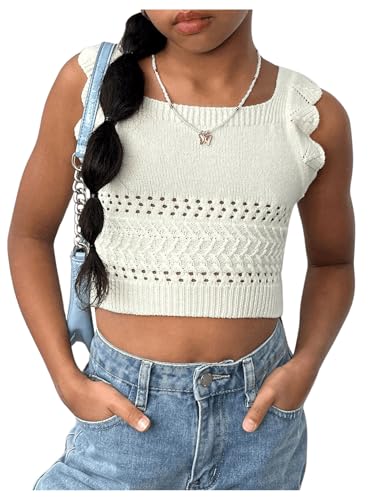 Floerns Girl's Ruffle Straps Knitted Pullover Square Neck Crochet Sweater Tank Top