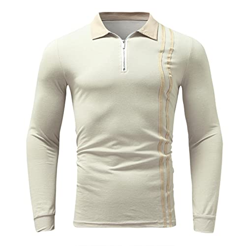 HJHGJ Polo à manches longues pour homme avec fermeture éclair et col rabattable, grande taille, ample et rayé, en coton, coupe classique, décontracté, quotidien, léger et confortable, kaki, M Cover