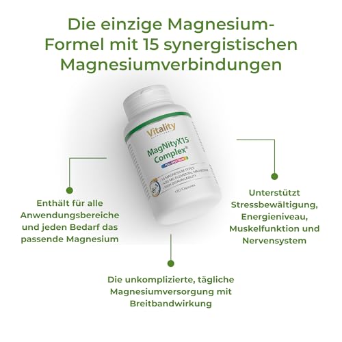 Magnesium Komplex MagNityX15 15 Magnesiumverbindungen inkl. Magnesium Bisglycinat Citrat & Malat 400 mg pro Tagesdosis 120 Kapseln Muskeln Knochen Nerven Vitality Nutritionals by Vitamin Express