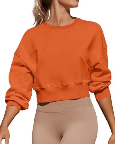 Joywayco Women's Long Sleeve Round Neck Cropped Sweatshirts Cute Loose Fit Pullover Tops (US, Alpha, Medium, Regular, Regular, Orange)