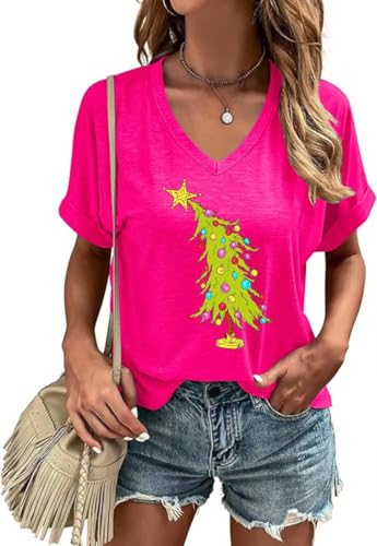 Women's Whimsical Christmas Tree V-Neck T-Shirt Funny Xmas Trendy Tree Graphic Tee Holiday Matching Family Shirt Blouse(M,Pink-Tree)