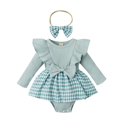Image of Madjtlqy Toddler Baby Girl Fall Winter Outfit Set Plaid Romper Dress Ruffles Long Sleeve Clothes Jumpsuit with Bow Headband