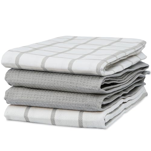 TEXAS LINEN CO. Premium Kitchen Towels Set - 18”x 28” Pack of 4 Multiweave Pattern Cotton Wash Cloths Dish Towels Set (Grey) - Ultra Soft Absorbent Quick Drying Kitchen Dish Cloth for Cleaning