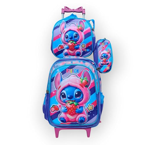 Kit Mochila Escolar do Stitch em 3D Menina com Rodinhas + Lancheira Térmica + Estojo Escolar em Alto Relevo Moan