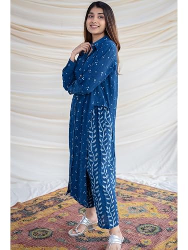 Image of Women's Indigo Blue Cotton Ethnic Co-Ord Set | Kurta Pant Set | Kurta Palazzo Set | Stylish Printed Suit Set for Women