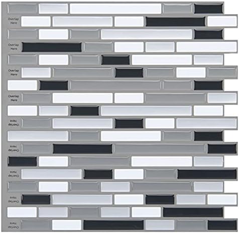 Art3d 10-Piece Stick on Backsplash Tile for Kitchen/Bathroom, 12" x 12" Gray-White Tile