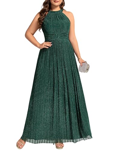 Image of Ever-Pretty Plus Women's Floor Length A-Line Halter Sleeveless Pleated Glitter Plus Size Formal Dress Evening Gown