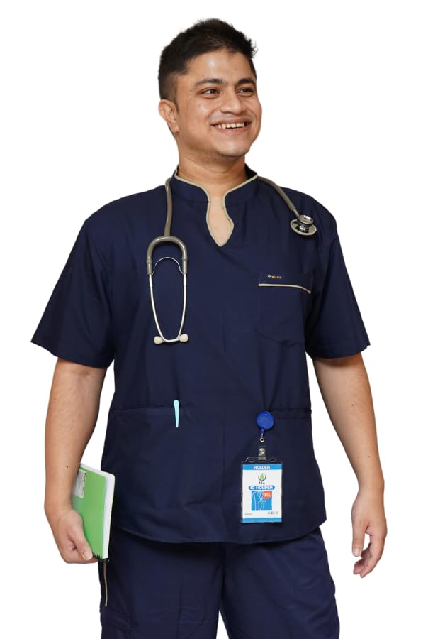 INDICARE Men's Scrub Top(Only) with 3 Pockets|Designer Mandarin Collar|Ideal for Doctors, Nurses, Dentists and Healthcare Professionals (Navy Blue)
