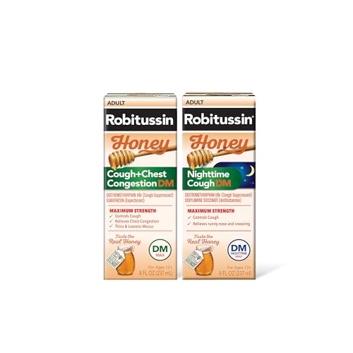Robitussin Honey DM Max Cough Plus Chest Congestion and Robitussin Maximum Strength Honey Nighttime Cough DM Adult Formulas - 2 x 8 Fl Oz Bottles
